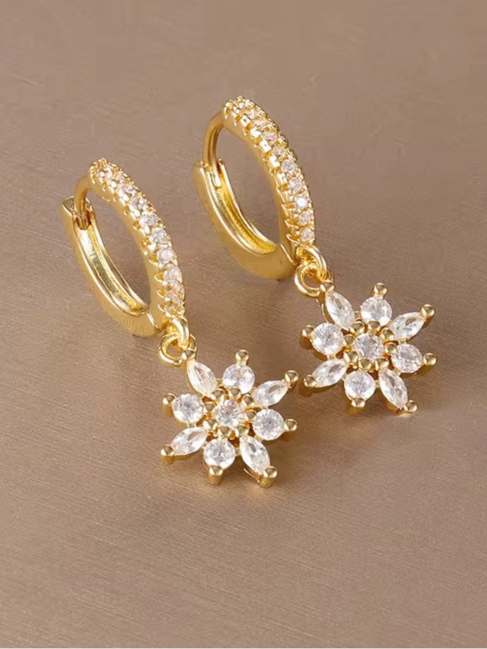Anthropologie Gold Tone Crystal Flower Drop Hoop Ear Piercing Earrings